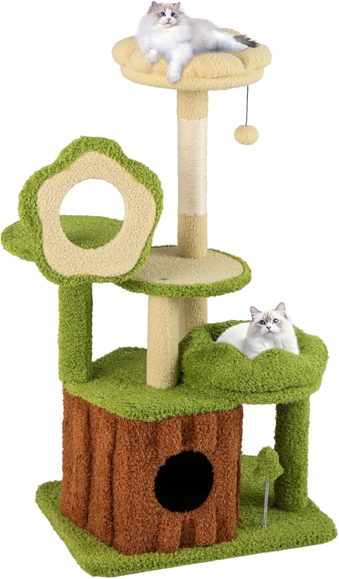 Tangkula Cute Cat Tree Green Forest, 40 Inch Multi-Level Aesthetic Cat Tower with Sisal Scratching Posts, Trunk Condo, Flower Perch, Plush Napping Bed, Pompom, Spring Toy, Platforms for Indoor Cats