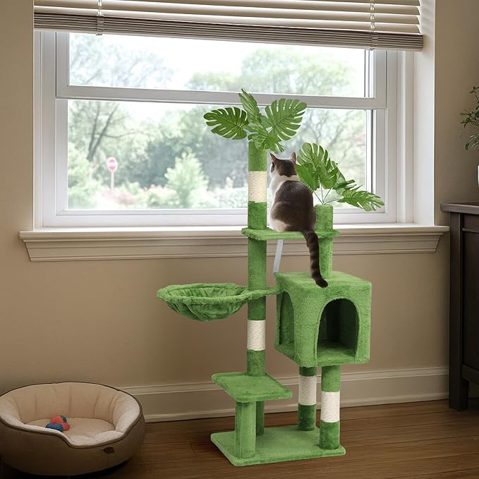 48in Plush Cat Tree with Leaves,Multi-Level Cats Tower,Large Pet Activity Center,with Sisal Scratching Post, Cat Condo, Padded Beds, Cozy Hammock,for Kittens and Indoor Cats (Green)