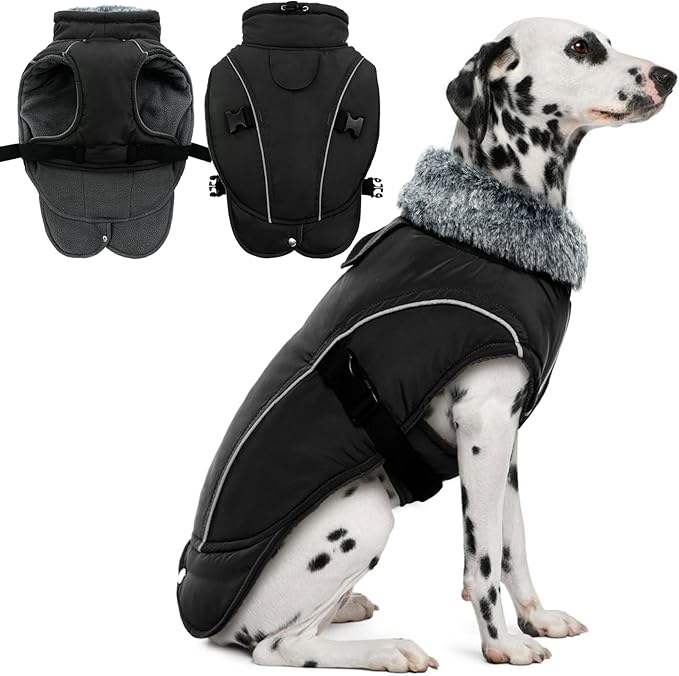 DENTRUN Winter Warm Dog Coat Reflective Jacket with Turtleneck for Cold Weather, Adjustable Buckle Windproof Water Repellent, Thick Snowsuit Fleece Vest for Small, Medium, Large Dogs, Black, L