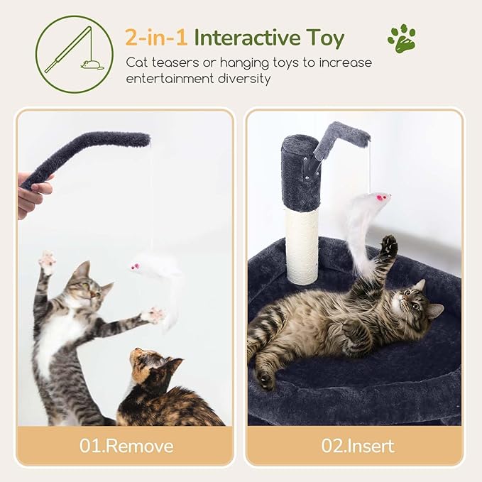Globlazer Cat Tree for Indoor Cats Large Adult, 74in Tall Cat Tower with Scratching Post, Heavy Duty Cat Tree Tower with 2 Spacious Caves, Oversized Top Perch, Big Hanging Basket, F74B, Dark Grey