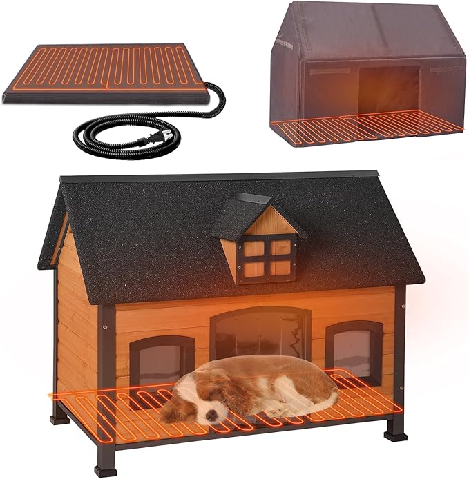 GUTINNEEN Heated Dog House Outdoor Insulated Dog Shelter with Metal Frame and Weatherproof Design, Wooden Dog Kennel for Outside, Puppy Cage for Winter Indoor