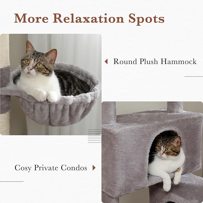PEQULTI 60'' Cat Tree, Tall Cat Tower with 2 Large Condos, Wide Top Perch, Cozy Hammock and Sisal Scratching Posts for Indoor Cats Lare Adult Gray