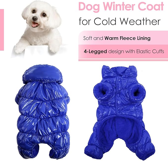 AOFITEE Dog Coat, Waterproof Dog Jacket, Fullbody Dogs Winter Coat Snowsuit, Windproof Puppy Puffer Jacket Snow Suit with Legs, Pet Fleece Winter Vest, Cold Weather Coats for Small Dogs, Blue S