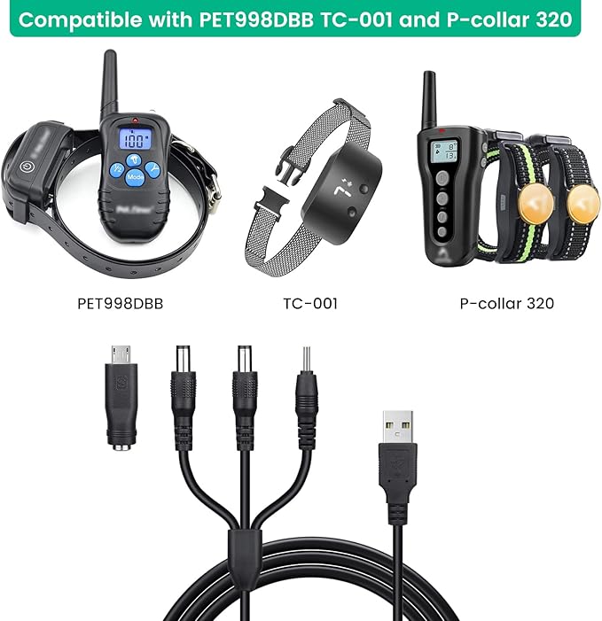 Shock Collar Charger Replacement for Petrainer PET998DBB, NBJU TC-001 and PATPET P-Collar 320 Training Collar,4 in 1 USB Charging Cable, Micro USB Adapter