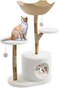 Modern Multi-Level Cat Tree with Plush Perch, Cozy Condo, Scratching Posts & Natural Rattan Basket - Sturdy Wood Structure for Large Cats, Blends Seamlessly with Home Décor
