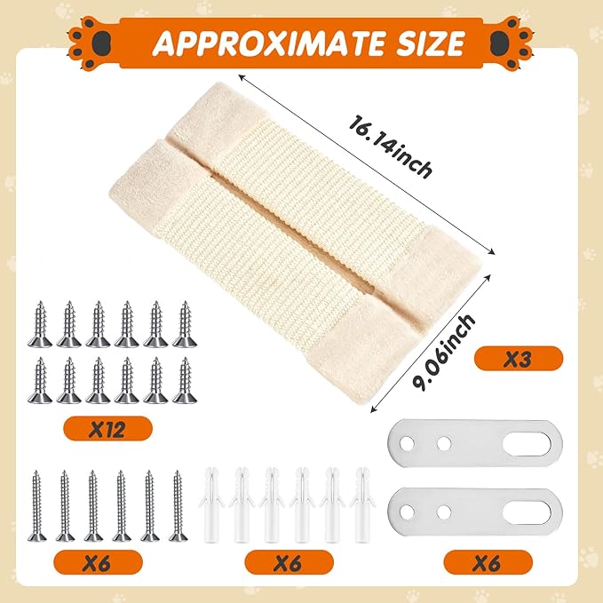 Taiyin 3 Pack Cat Scratcher Corner Pad, Wall-Mounted Sisal Cat Scratch Pad, Vertical Anti-Scratch Protector for Door & Couch, 16 x 9 Inches, Includes Wall Fixings