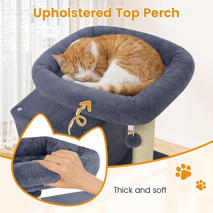 PETSITE 19.5-inch Small Cat Tree, with Sisal Scratching Post, Interactive Hanging Ball, Comfy Condo, and Spacious Top Perch, Ideal for Indoor Cats and Kittens (Dark Grey)