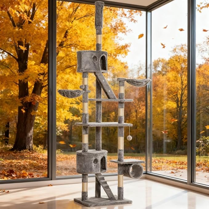 Cat Tree, 102.4 Inches Height Adjustable, All Breed Sizes, Climbing and Cuddling, Pine and Polyester, Floor Mount, Light Gray