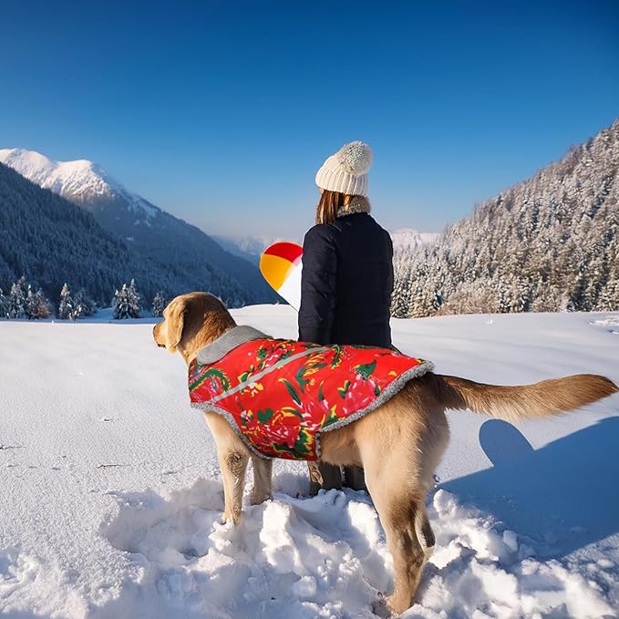 VIVAGLORY Snowrap Dog Coat, Jacket with Harness Hole, Dog Coat for Winter & Cold Weather, Fluffy Warm Fleece Lined Reflective Water Resistant for Puppy, S, Northeast Florals-Red