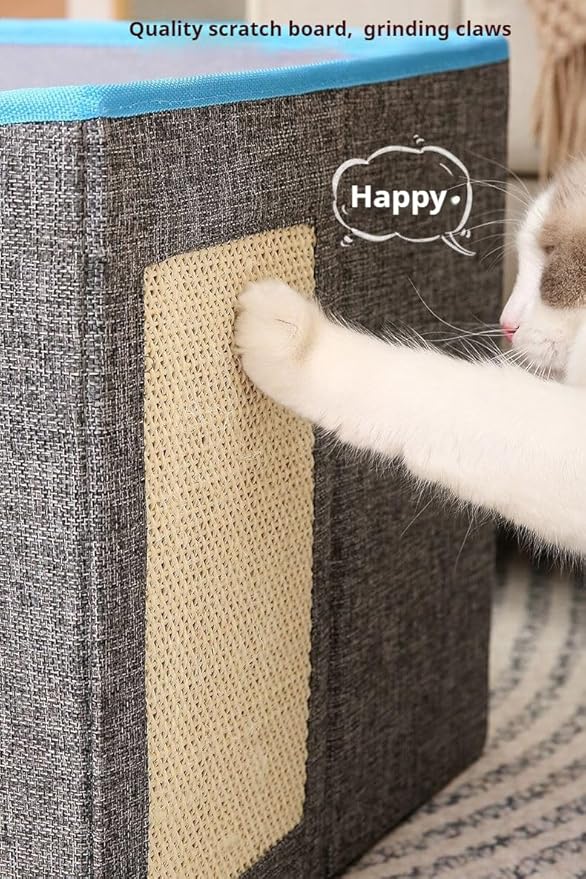 Cat Bed with Scratching Pad and Hanging Fluffy Ball Foldable Large Cat Cave House for Indoor Cats