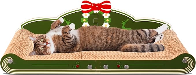 Sofa-Shaped Cat Scratching Couch - Thick Cardboard Cat Lounge Bed for Indoor Rest & Play Christmas Theme Sofa Scratcher Pad (23 "L X 12.2" W X 6.7" H)
