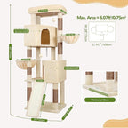 Globlazer Sturdy Cat Tree, 69-inch Large Cat Tower for Indoor Adult Cats 20 lbs Heavy Duty Cat Tree for Big Cats with Large Platform, 6 Scratching Post,Sisal Scratching Board, S69B, Beige