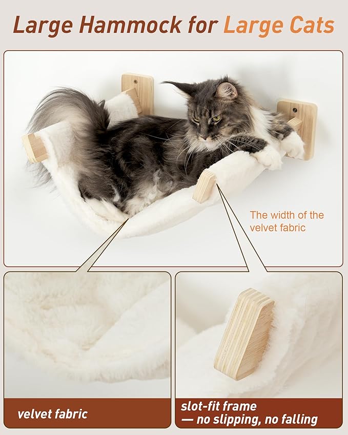 Cat Wall Shelves for Large Cats, 5-in-1 Cat Wall Furniture with Large Hammock and Wide Perch, Wooded Wall Climbing Furniture Set for Indoor Cats
