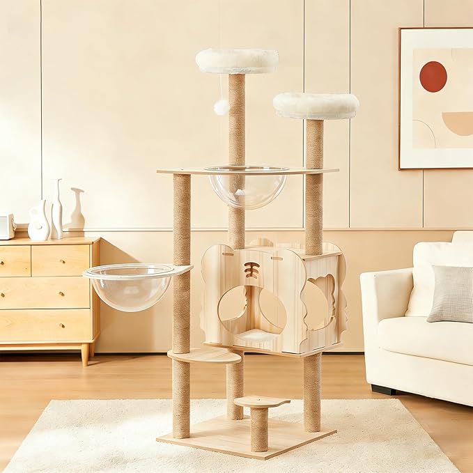 Cat Tree, 54 Inch Wooden Cat Tower with Scratching Postfor for Large Cats, Multi-Level Tall Cat Tower with Cat Condo, Hammock, Space Capsule and Top Bed for Indoor Cats