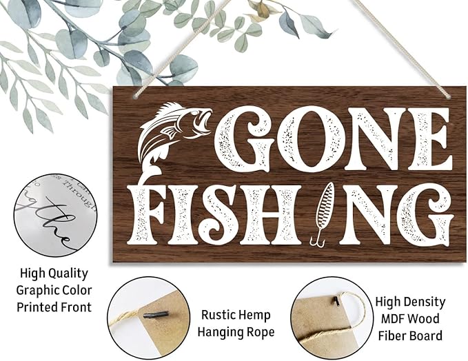 Funny Gone Fishing Wood Decor Sign, Hanging Printed Wooden Plaque Decor, Rustic Home Decor Sign, Hanging Fishing Decor Sign, Gifts for Men, Rustic Farmhouse Wall Decor Sign 12x6 inch