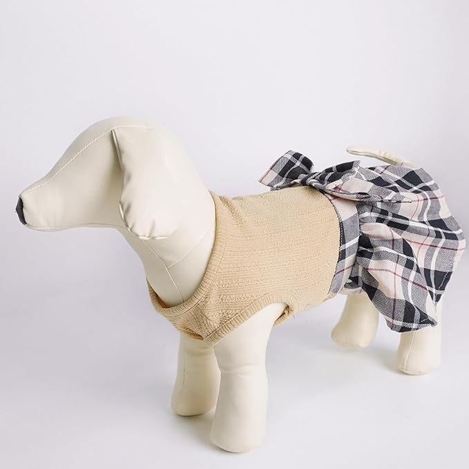 PUPTECK Classic Plaid Dog Dress Pet Apparel with Cute Bowtie Puppy Clothes Outfit,Cream,M