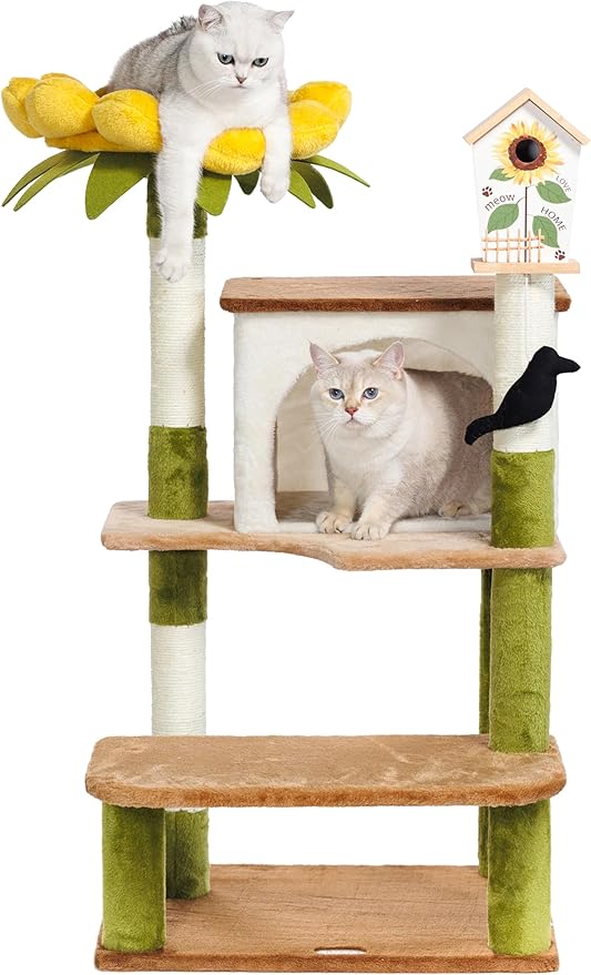 HYABi 44.1 Inch Tall Flower Cat Tree Tower Condo Climbing for Indoor Cats Multi Level with Sisal Scratching Post Hammocks Pet House Play Home Furniture Platform