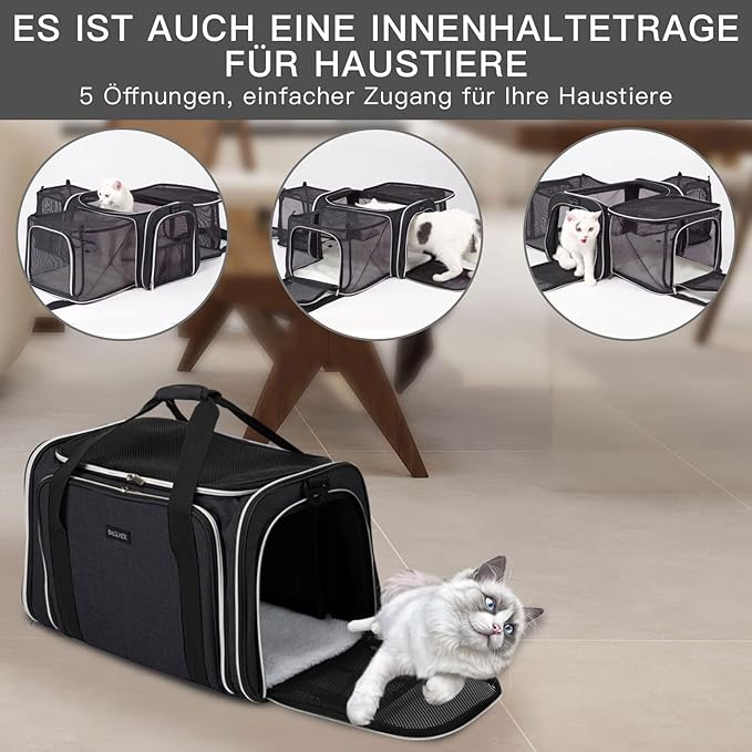 BAGLHER Expandable Cat Carrier with Travel Litter Box, Pet Travel 5 Sides Open Doors 3 Sides, Leak-Proof and Collapsible, for Car, Airplane Trip, Black