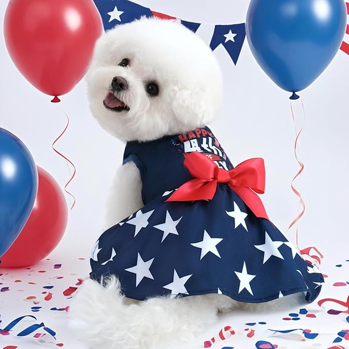 XPUDAC 4th of July Dog Dress Patriotic Clothes Stars Skirt with Bow Independence Day Doggie Outfit Pet Holiday Apparel for Small Dog Girl Cat, XXS