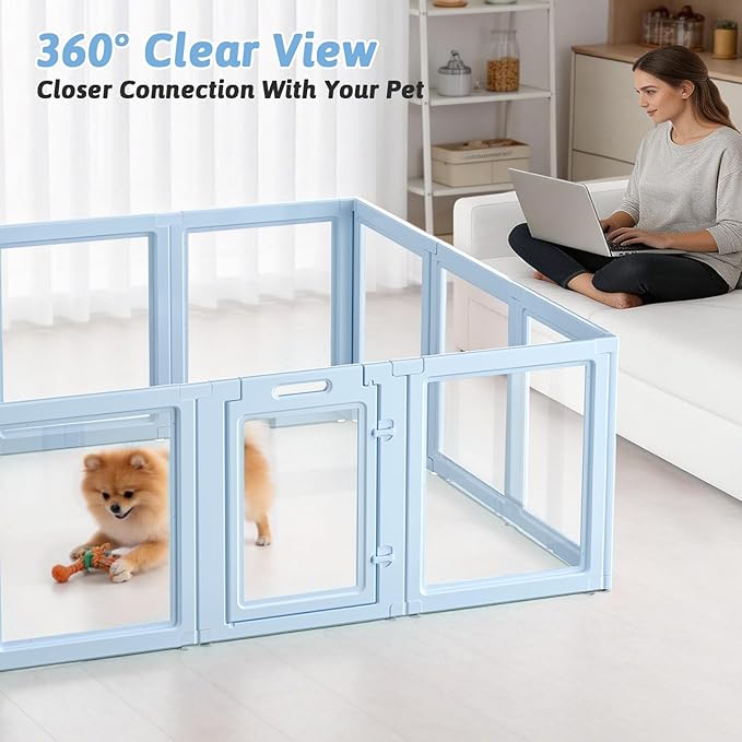 DIY Clear Acrylic Dog Playpen House,Quick Easy Assembly and Disassembly,Strong Floor Suction,Indoor and Outdoor Use,Easy Cleansing Puppy Fence (Sky Blue, 23.6" H, 12PCS)