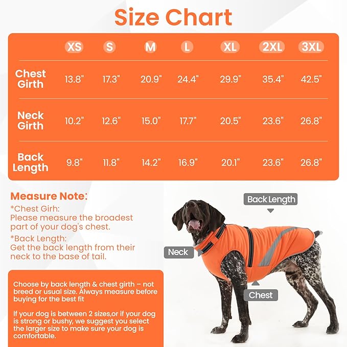 QBLEEV Large Dog Coat, Big Dog Winter Jacket for Large Dogs, XXX-Large Waterproof Cold Weather Snow Vest with Zip & Reflective, Windproof Built-in Harness Warm Fleece Snowsuit Clothes, Orange, XXXL
