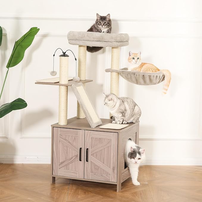 Amazon Basics Furniture Cat Tree with Litter Box Enclosure, Large Cat Tree with Scratching Posts, Sisal Pad, Cozy Perch and Hammock