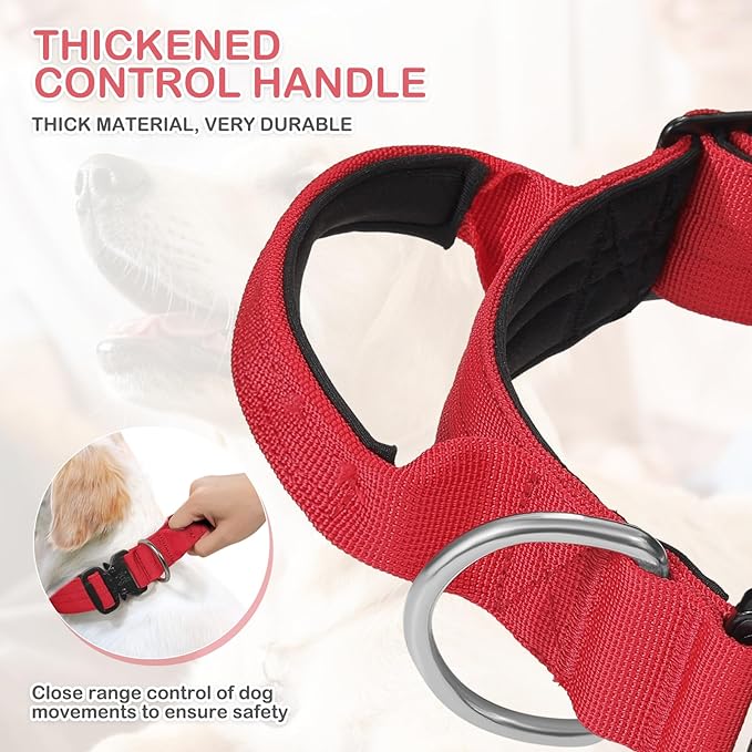 MoNiBloom Tactical Dog Collar with Handle, 1.5 Inch Wide Heavy Duty Military Collar for Medium Large Dog Walking, Training, Running, Red