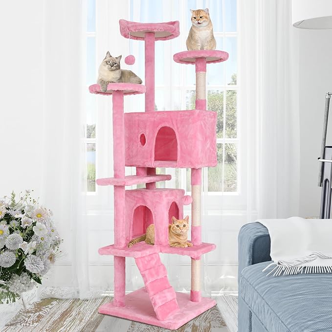 Cat Tree with Scratching Post,Cat Tower House for Indoor Large Adult Cats Kittens,21x21x70in Multi-Level Activity Cat Cando Furniture,Pink