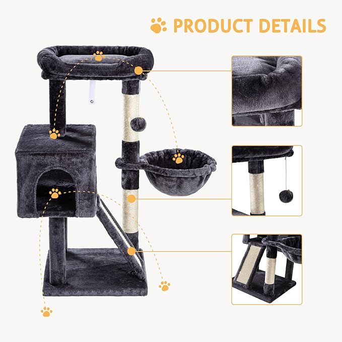 SHA CERLIN Cat Tree 36 Inches Cat Tower with Hammock, Sisal Scratching Post for Indoor Kittens, Small Room, Smoky Grey