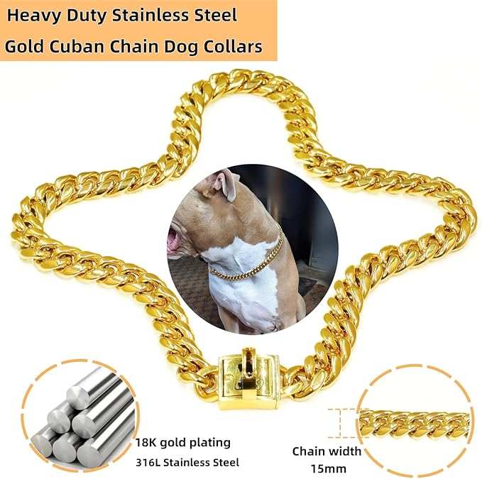 Heavy Duty Cuban Link Chain Dog Collars 15MM Gold/Silver Stainless Steel Metal Walking Training Collars with Cute Secure Design Buckle, Chew Proof, for Large Medium Small Dogs (Gold, 20'')