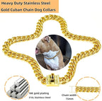 Heavy Duty Cuban Link Chain Dog Collars 15MM Gold/Silver Stainless Steel Metal Walking Training Collars with Cute Secure Design Buckle, Chew Proof, for Large Medium Small Dogs (Gold, 12'')