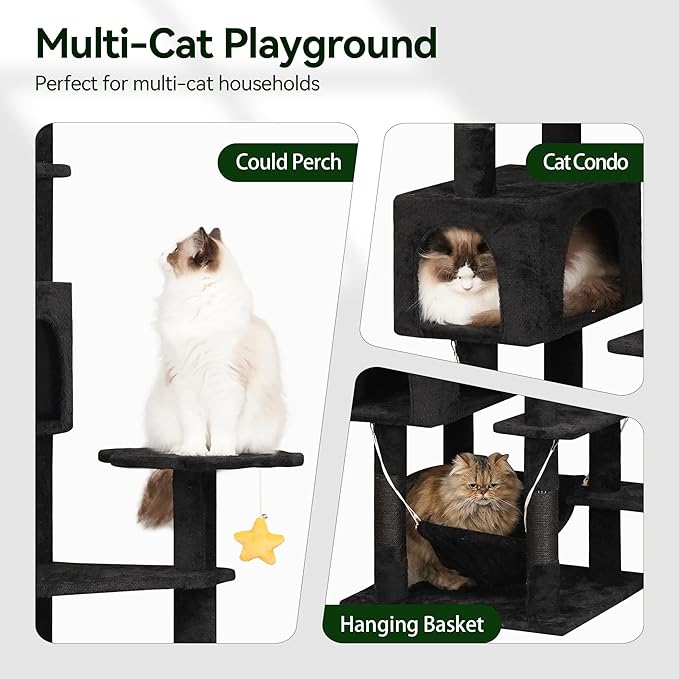 79inch Giant Cat Tree for Heavy Duty Big Cats, Multi-Level Luxury Cat Tower with Scratching Post, Cat Condo with Hammocks & Plush Perches for Indoor Cats Large Adult, Black