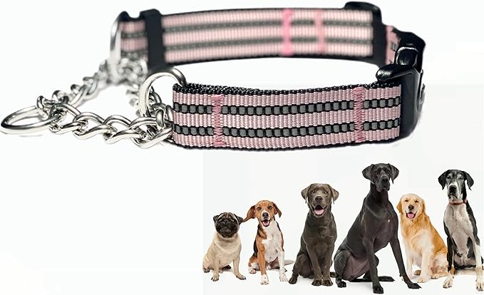 Martingale Collars for Dogs, Heavy Duty Stainless Steel Chain Training Collar, Reflective Nylon Adjustable Collar with Quick Release Buckle, Suitable for Puppy Medium Large Dogs ((Pink, L)