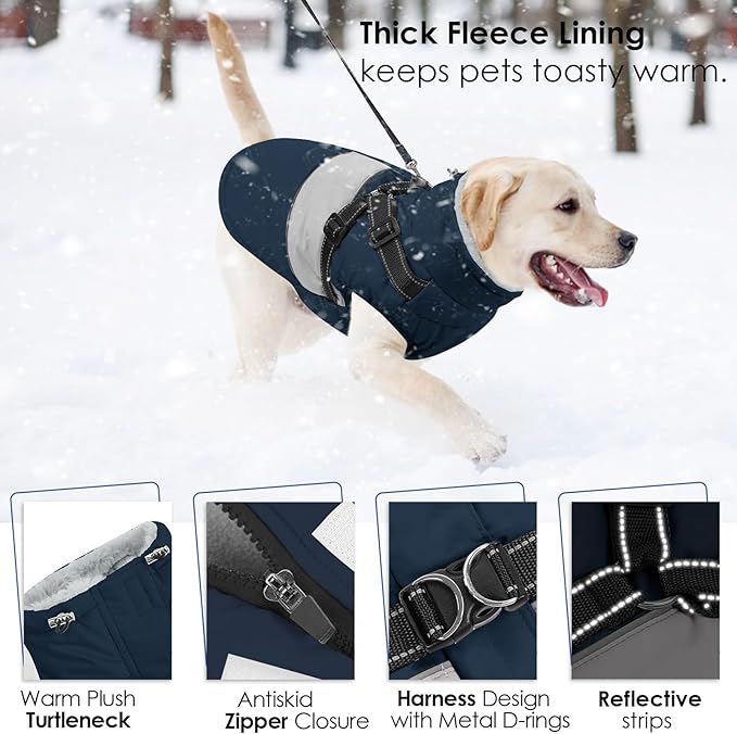 AOFITEE Dog Coat Warm Dog Winter Coat, Waterproof Dogs Jacket with Harness, Dogs Snow Jacket Snowsuit with Zipper & Furry Collar, Reflective Windproof Pet Sweater for Cold Weather, French Bulldog, L