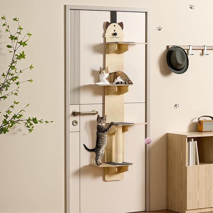 Door Hanging Cat Shelf, 4-Tiers Vertical Cat Tree Over The Door, Over the Door Cat Climber with Kitten Scratching Post, Pads, Tease Ball,Doors Cats Ladder for Indoor Kittens Jumping & Playing 170cm