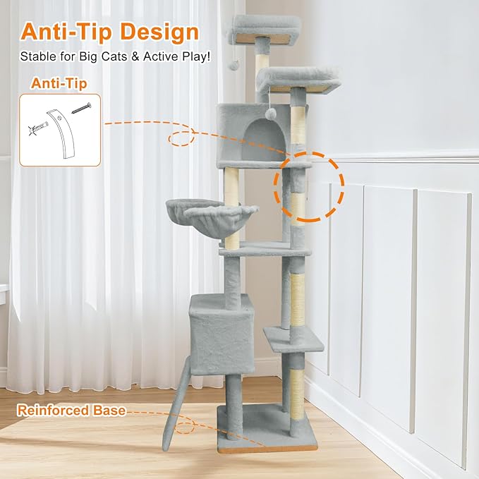 82" Tall Cat Tree,Giant Cat Tree for Indoor Cats Large Adult, Heavy Duty Cat Tree Tower, Extra Large Cat Trees with Scratching Posts, Cat Condos, Hammock,Top Perch,Ramp (Light Grey)