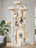 Taoqimiao 76-Inch Cat Tree with Scratching Posts,XXL Cat Tower for Large Cats with Cat Scratching Board,Extra-Large Metal Hammock,3 Perches, 2 Big Condos, Hanging Basket, MS047M, Beige