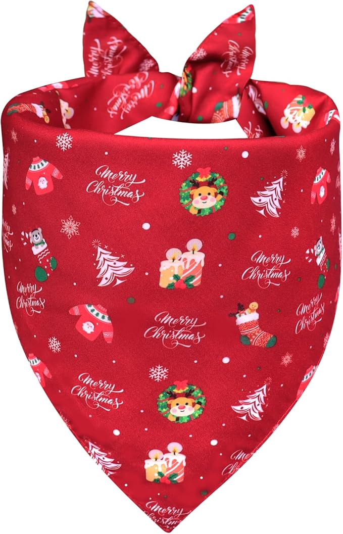 Christmas Dog Bandana for Large and X-Large Dogs - Reversible Red & Blue Santa Snowman Print Scarf - Adjustable Pet Costume for Holiday Photos & Gifts