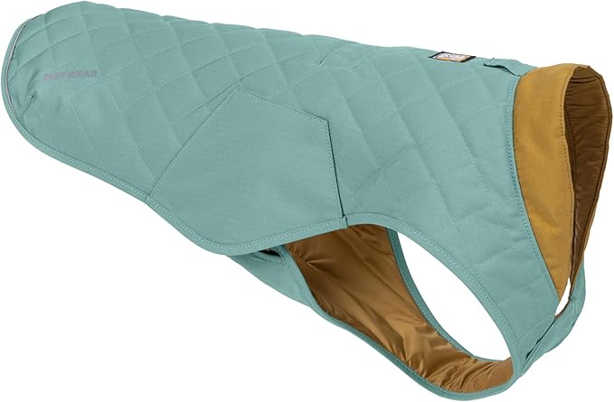 Ruffwear, Stumptown Quilted Dog Jacket, Insulated Water-Resistant Winter Coat with Reflective Trim & Leash Portal, Easy On/Off Buckles, Durable Cold-Weather Layer, River Rock Green, XX-Small
