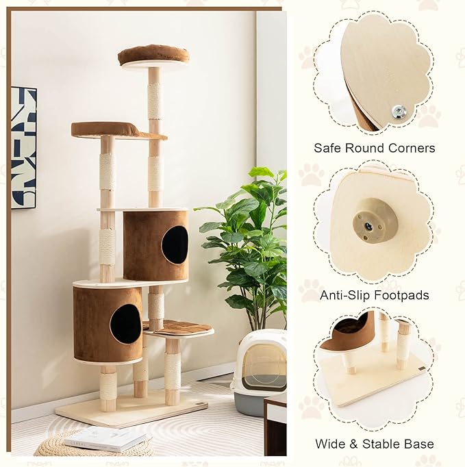 Tangkula 75 Inch Tall Cat Tree for Indoor Cats, Natural Solid Rubber Wood Cat Tower with Sisal Scratching Posts, Top Perch, Detachable Cat Condo, 6-Layer Modern Cat Trees and Towers for Large Cats
