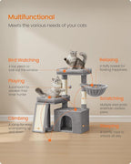 Feandrea Cat Tree, Cat Tower Condo with Scratching Posts and Ramp, 2 Large Perches, Cave, Basket, 33.8 Inches Tall, Dove Gray UPCT013GD02S