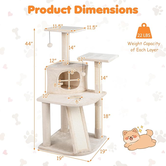Tangkula Corner Cat Tree, Multi-Level Cat Tower with Top Perches & Cozy Condo, Natural Sisal Scratching Posts & Climbing Ladder, Playful Cat Hole & Hanging Balls, Kitty Climbing Play Center (Beige)