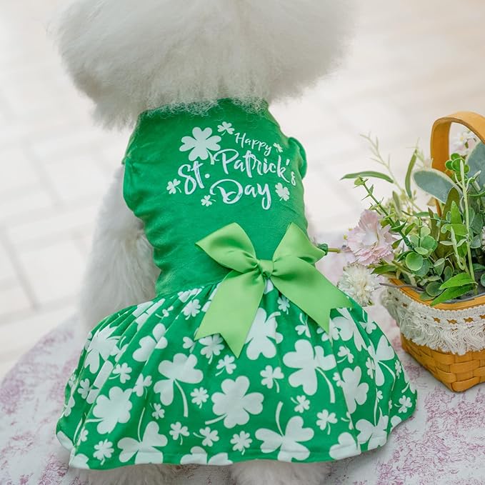 CuteBone St.Patrick's Day Dog Green Dress Velvet for Small Dogs Girl Puppy Dresses Clover Dog Clothes CVA14XS-D