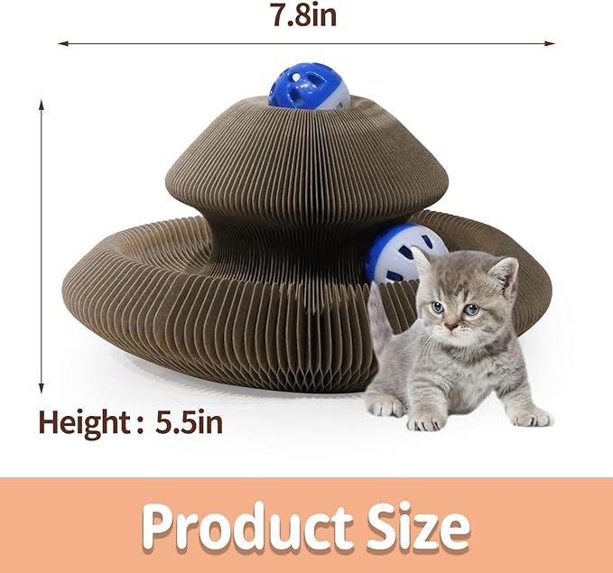 Kitty Kurlz Cat Scratcher Magic Organ Cat Scratching Board with Bell Ball,Foldable Accordion Kitty Curls Cat Scratcher,Kitty kurlz Cat Toy for Indoor Cats,Beige