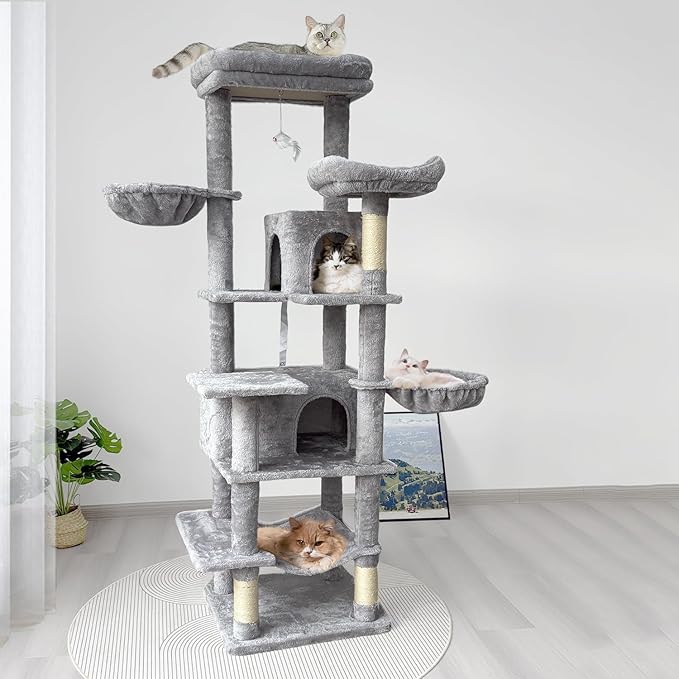 Light Gray 68 Inches Multi-Level Large Cat Tree, Cat Tree Tower for Indoor Cats Large Adult with Condo/Cozy Plush ‌Pussycat Perches/Sisal Scratching Posts for Cats to Play and Sleep