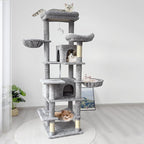 68 Inch Multi-Level Large Cat Tree - Sisal Scratching Posts & Removable Cushions, Cozy Hammock and Comfortable Hideaway, Tall Cat Tower for Indoor Cats (Light Gray + MDF)