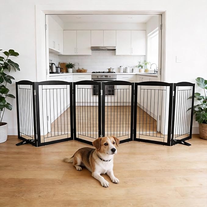 Dog Fence Indoor,Dog Gate Indoor for Doorway pet gate -6-Panel Freestanding, Hallways, House or Stairs -120x32-Inch Retractable Foldable Expandable Wood Pet by SFJC (Black) ﻿