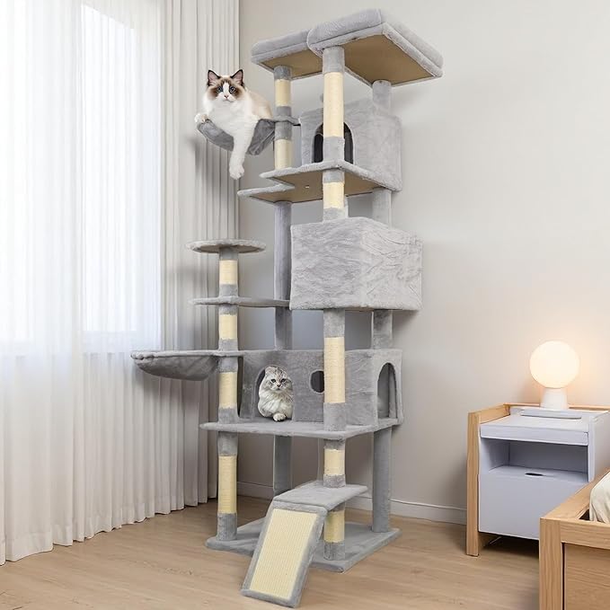 Light Gray 84in Heavy Duty Cat Tree, Cat Tree Tower for Indoor Cats Large Adult, Extra Cat Tower with 12 Sisal Scratching Post, Large Top Platform, Hammock, Cat Condo for Kittens