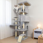 84.6 Inch Tall Cat Tree Tower with Large Base - 3 Condos, 11 Sisal Posts, 2 Hammocks & Interactive Toys, Multi-Level Cat Furniture for Multiple Cats, Durable Cat Climber (Light Gray, 84.6in)