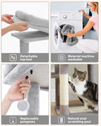 59" Cat Tree, Tall Cat Tower for Large Cat, Multi-Level Tower with 3 Removable Pompom Sticks, Cat Tree for Indoor Cats, Condo with Large Hammock, Scratching Post, and 2 Perches, Grey